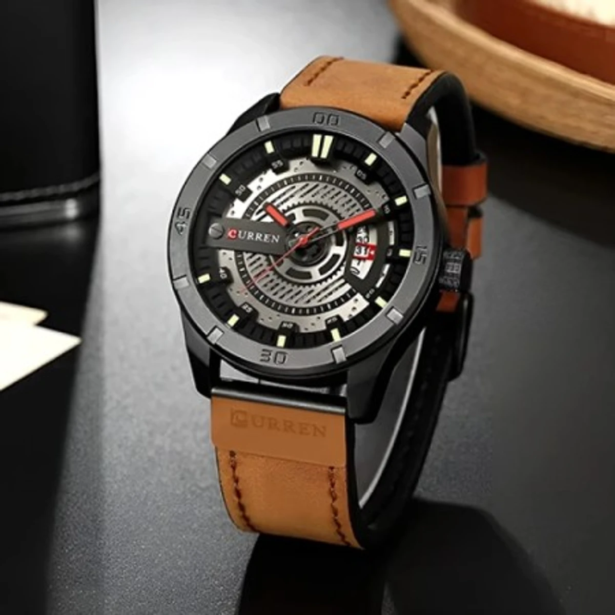 CURREN Men Military Sports Watches Mens Quartz Date Clock Man Casual Leather Wrist Watch -Light Brown