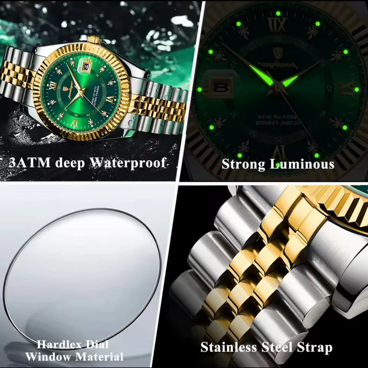 POEDAGAR P910 Luxury Sport Wrist Watch For Man-Golden&Green