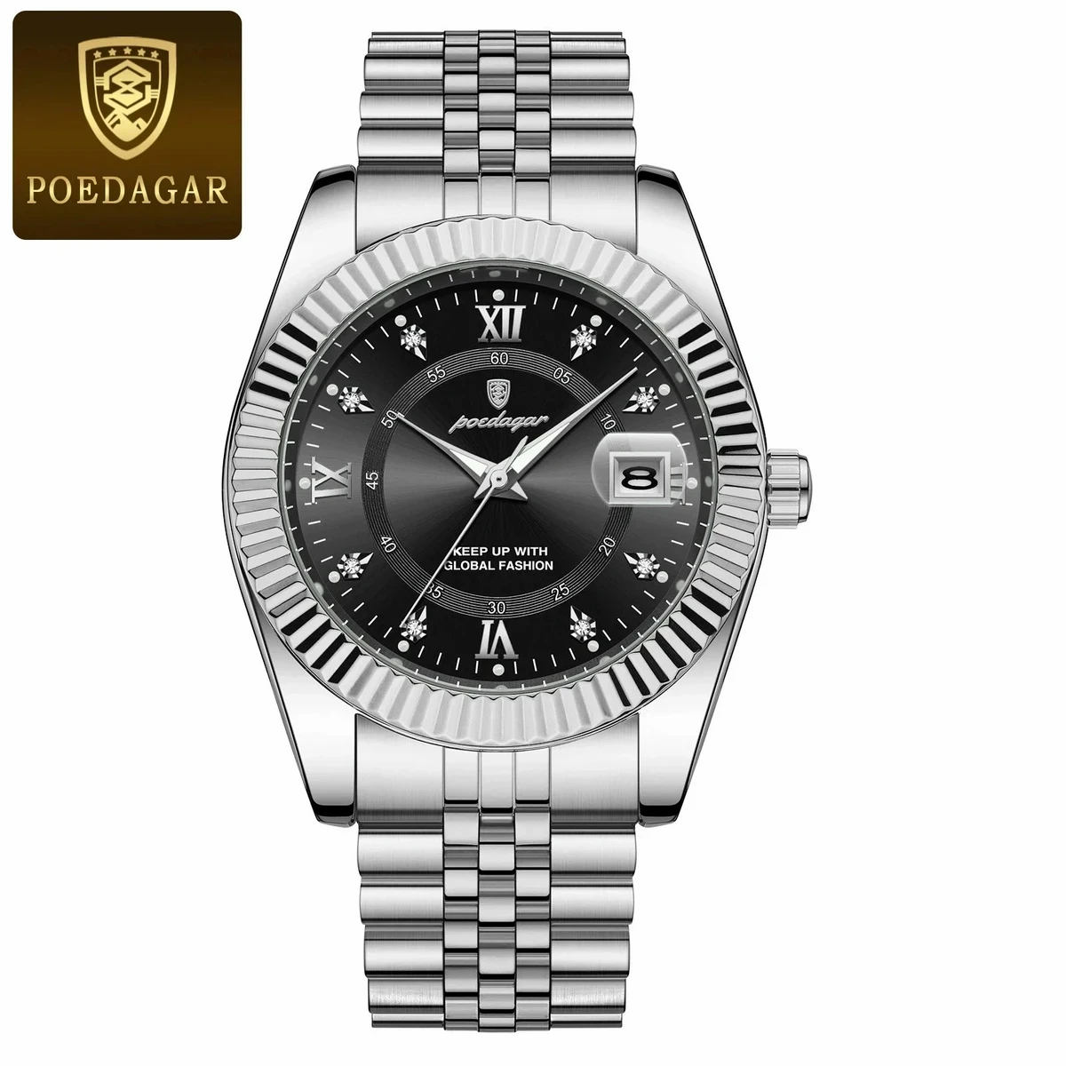 POEDAGAR 910 Luxury Sport Wrist Watch For Man Waterproof Luminous Date Men Watch- Silver&Black