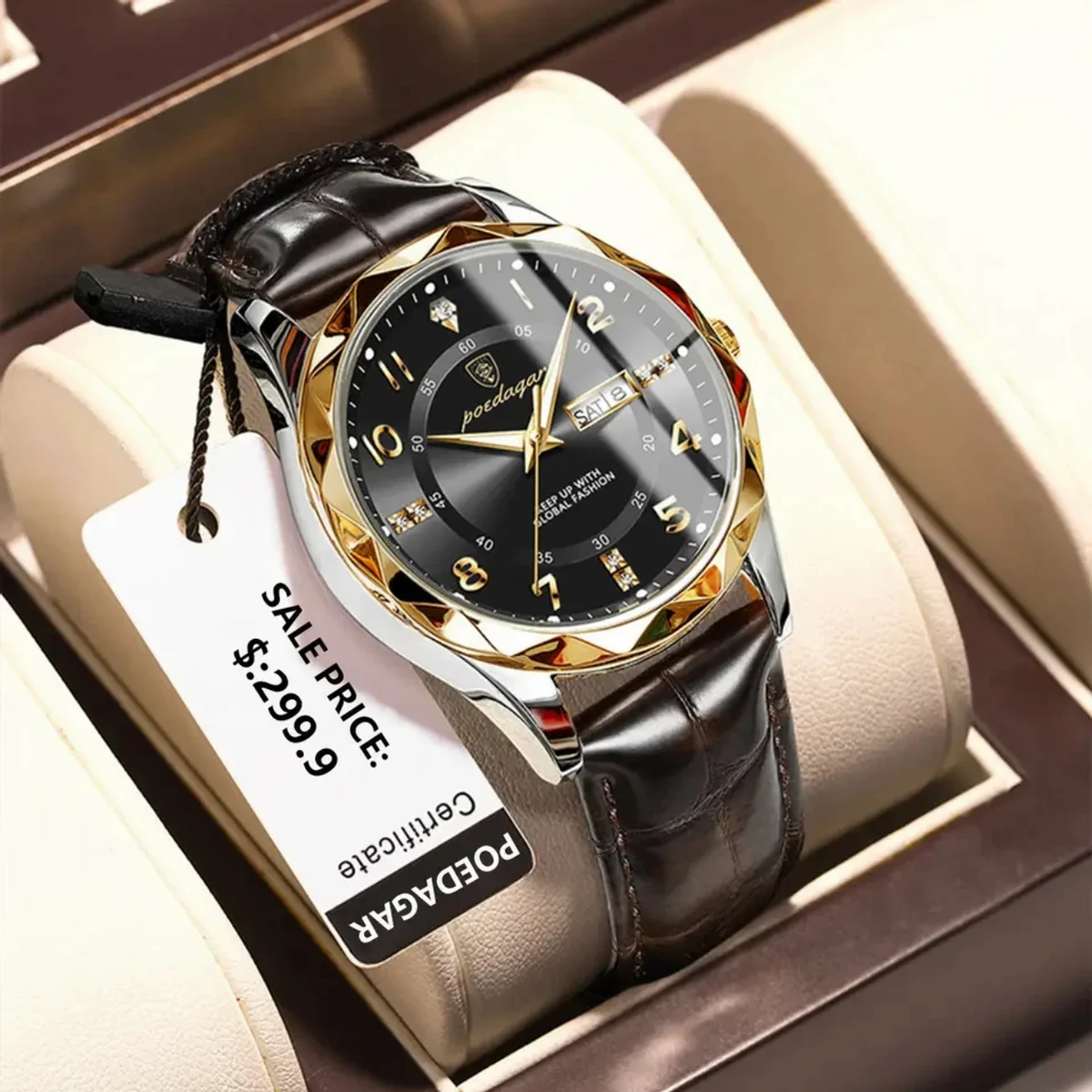 POEDAGAR 615 Luminous Date Week Watch For Men-Golden and Black