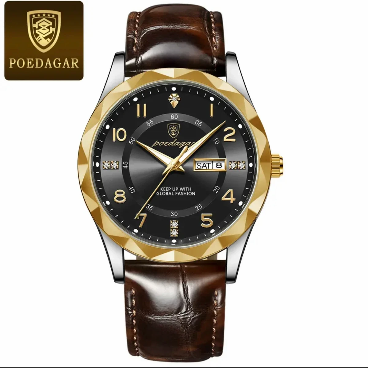 POEDAGAR 615 Luminous Date Week Watch For Men-Golden and Black