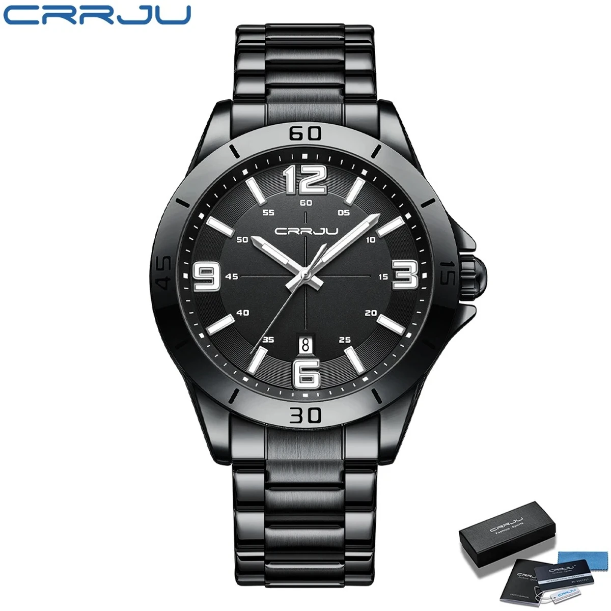 CRRJU Men Luxury Watches Stainless Steel Quartz Wrsitwatches Male Auto Date Clock -Full Black