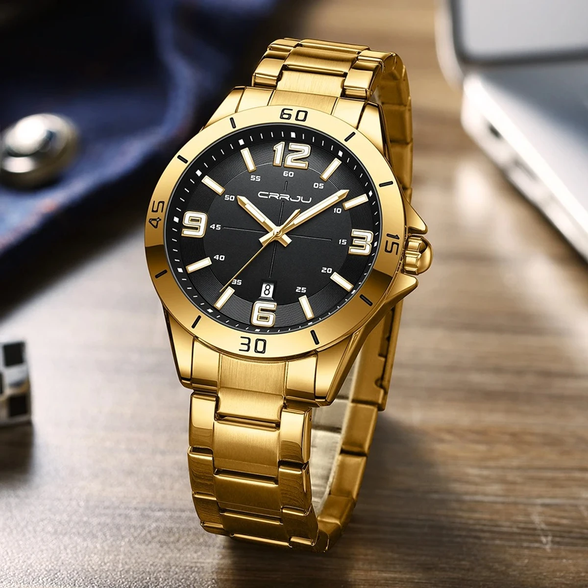 CRRJU Men Luxury Watches Stainless Steel Quartz Wrsitwatches Male Auto Date Clock -Golden&Black