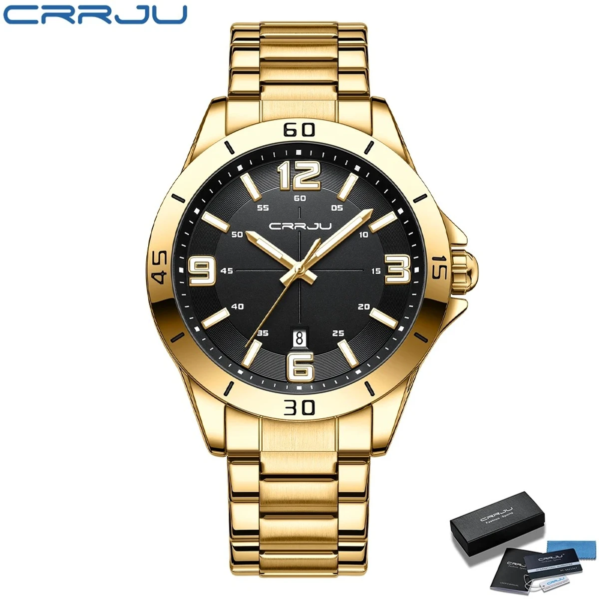 CRRJU Men Luxury Watches Stainless Steel Quartz Wrsitwatches Male Auto Date Clock -Golden&Black