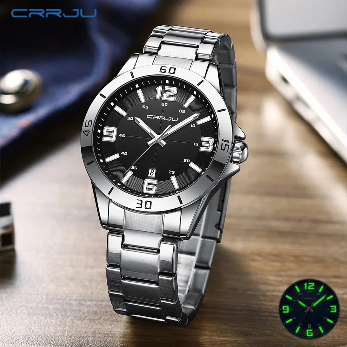 CRRJU Men Luxury Watches Stainless Steel Quartz Wrsitwatches Male Auto Date Clock -Silver&Black