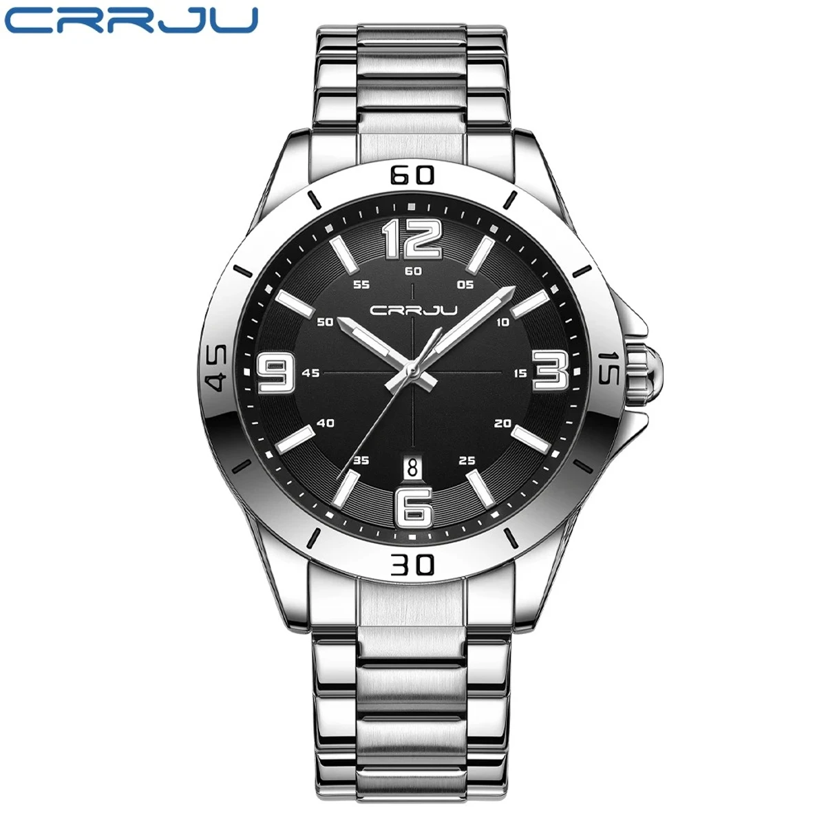 CRRJU Men Luxury Watches Stainless Steel Quartz Wrsitwatches Male Auto Date Clock -Silver&Black