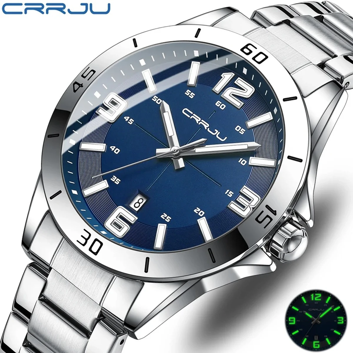 CRRJU Men Luxury Watches Stainless Steel Quartz Wrsitwatches Male Auto Date Clock -Silver&Blue