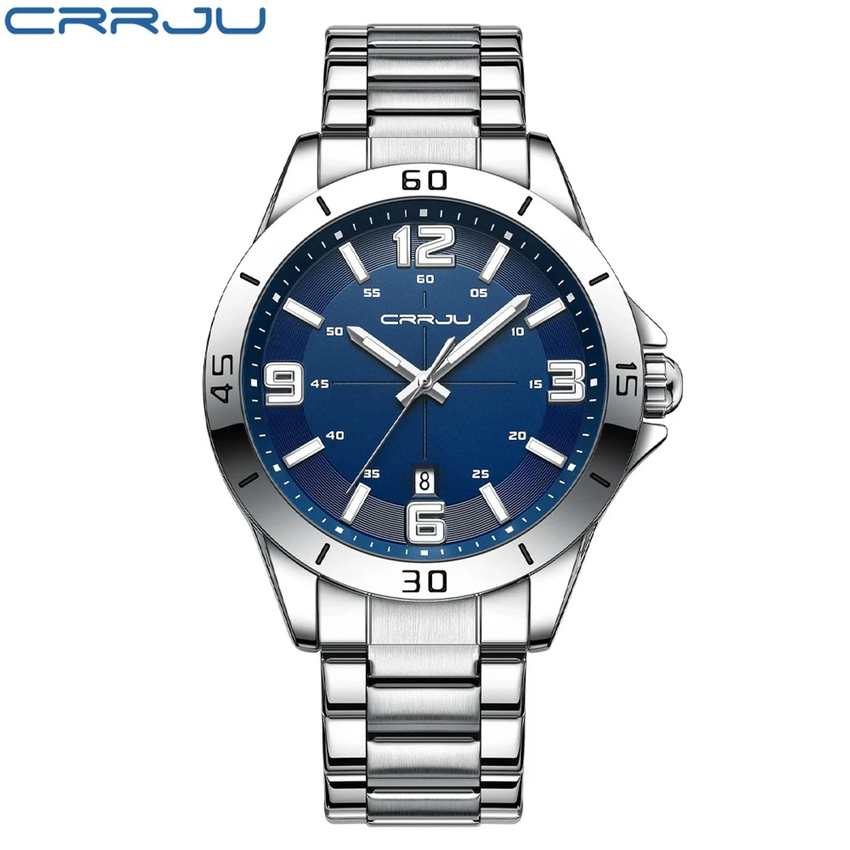 CRRJU Men Luxury Watches Stainless Steel Quartz Wrsitwatches Male Auto Date Clock -Silver&Blue