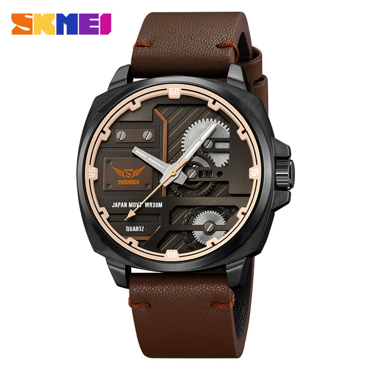 Skmei 2289 Men's Quartz Watches Fashion Leather Strap Display Casual Wristwatch- Brown&Black