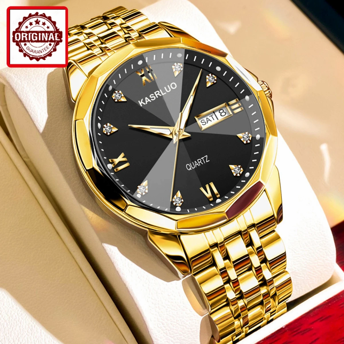 KASRLUO New Fashion Quartz Watch for Men Stainless Steel Date Mens Watches Top Brand Luxury Clock- Golden&Black