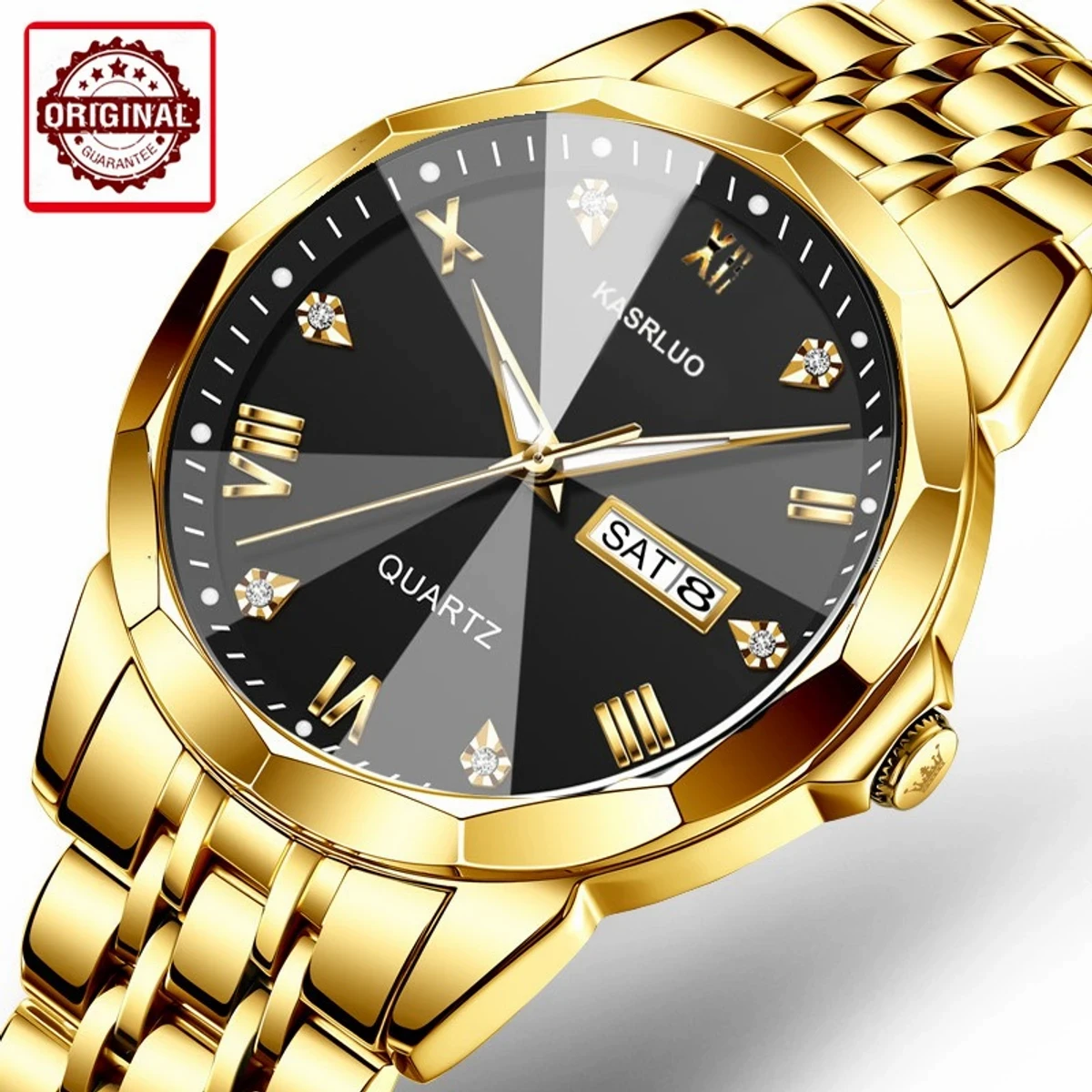 KASRLUO New Fashion Quartz Watch for Men Stainless Steel Date Mens Watches Top Brand Luxury Clock- Golden&Black