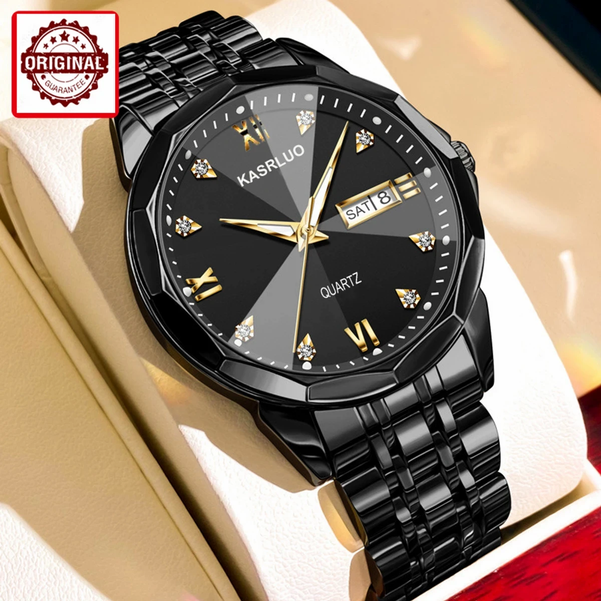 KASRLUO New Fashion Quartz Watch for Men Stainless Steel Date Mens Watches Top Brand Luxury Clock- Black