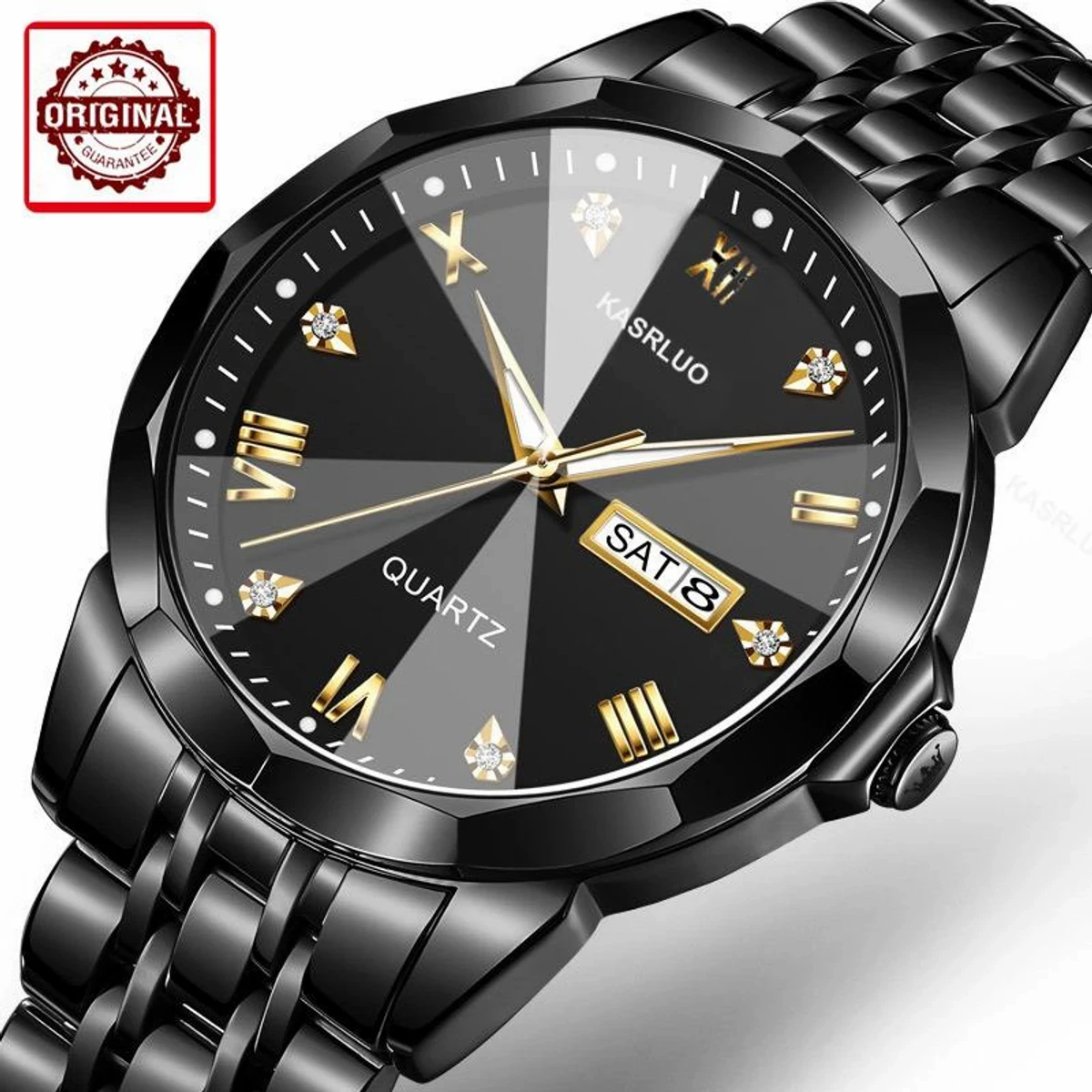 KASRLUO New Fashion Quartz Watch for Men Stainless Steel Date Mens Watches Top Brand Luxury Clock- Black