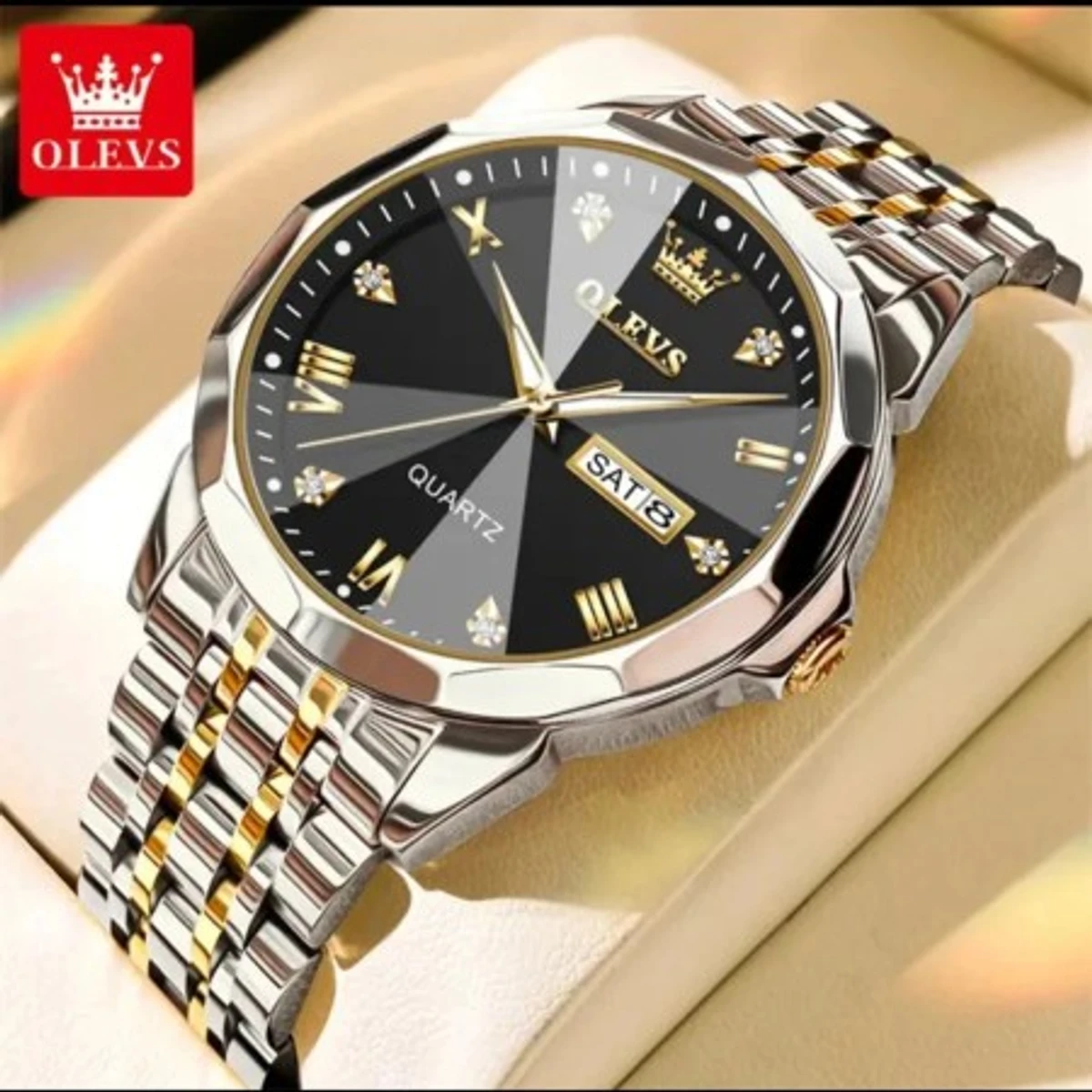 OLEVS 9931 New Fashion Quartz Watch for Men Stainless Steel Date Mens Watches Top Brand Luxury Clock- Silver & Black