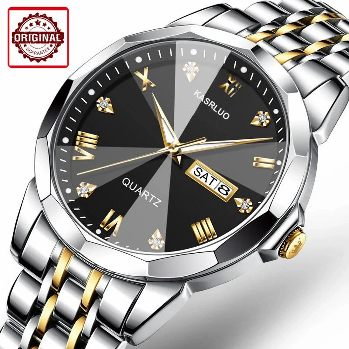 KASRLUO New Fashion Quartz Watch for Men Stainless Steel Date Mens Watches Top Brand Luxury Clock- Silver & Black