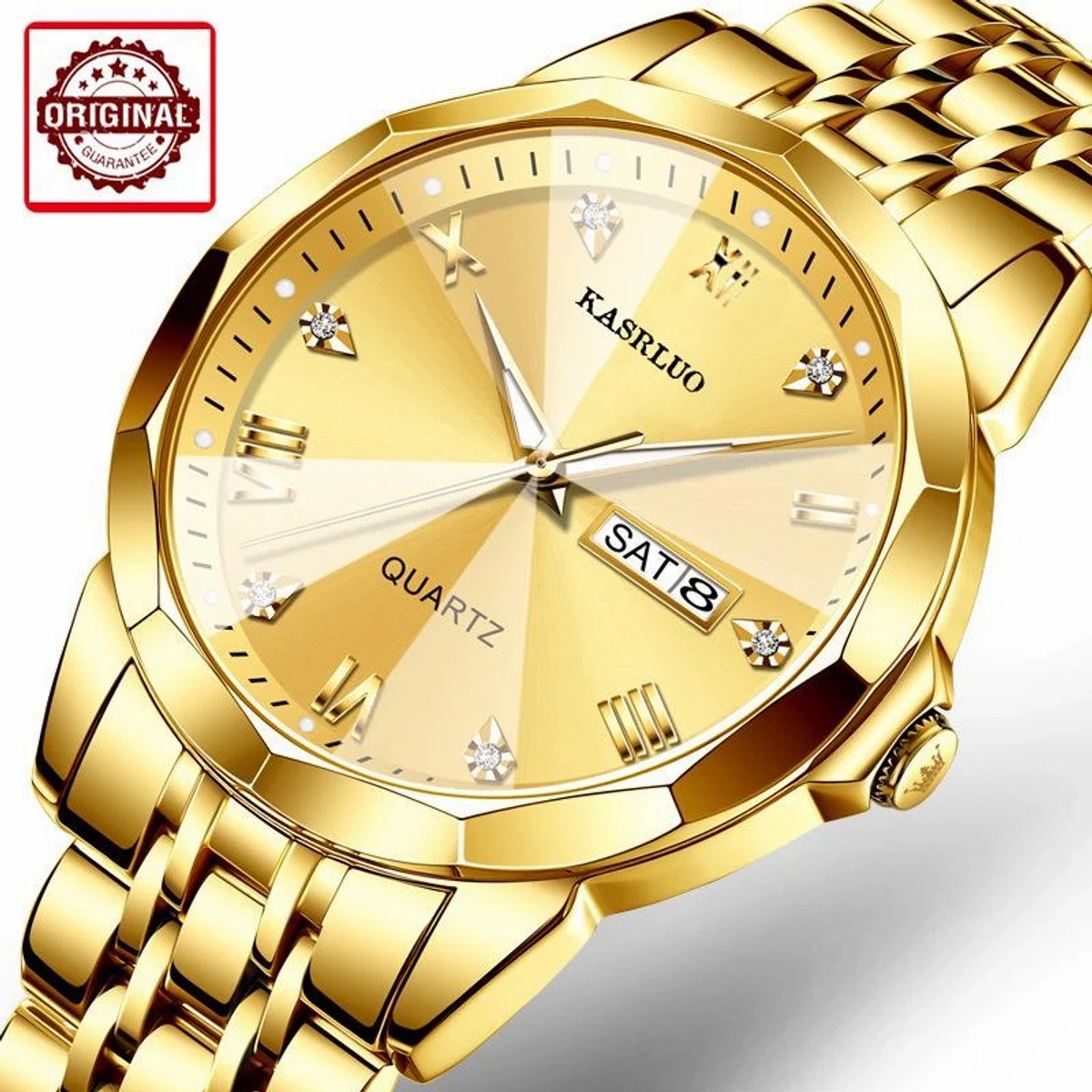 KASRLUO New Fashion Quartz Watch for Men Stainless Steel Date Mens Watches Top Brand Luxury Clock-Golden