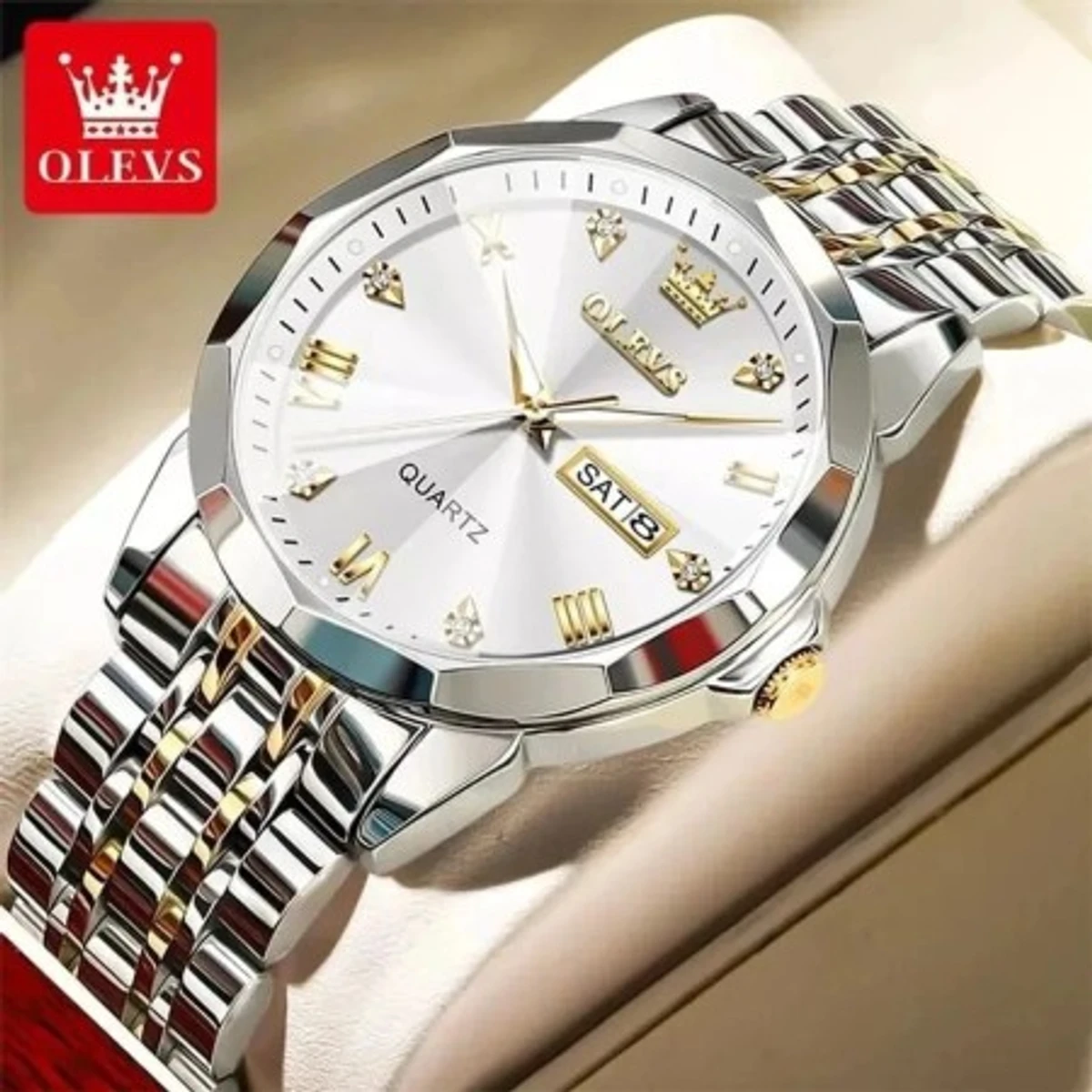 Olevs9931 New Fashion Quartz Watch for Men Stainless Steel Date Mens Watches Top Brand Luxury Clock- Silver & Golden