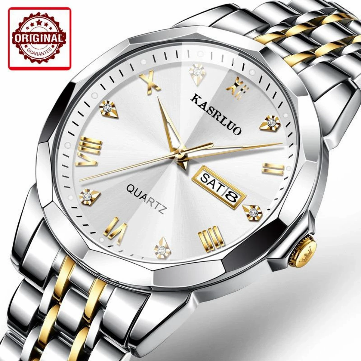 KASRLUO New Fashion Quartz Watch for Men Stainless Steel Date Mens Watches Top Brand Luxury Clock- Silver & Golden