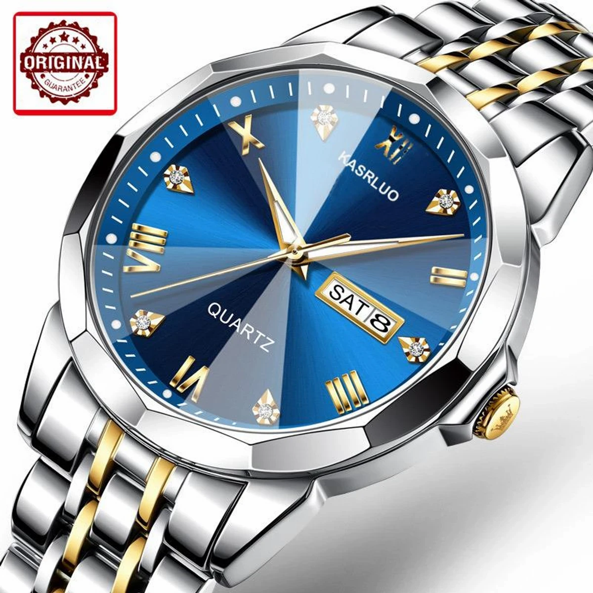 KASRLUO New Fashion Quartz Watch for Men Stainless Steel Date Mens Watches Top Brand Luxury Clock-Silver & Blue