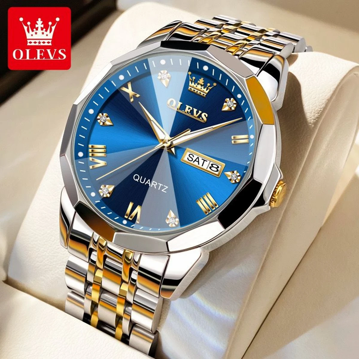 Olevs9931 New Fashion Quartz Watch for Men Stainless Steel Date Mens Watches Top Brand Luxury Clock-Silver & Blue