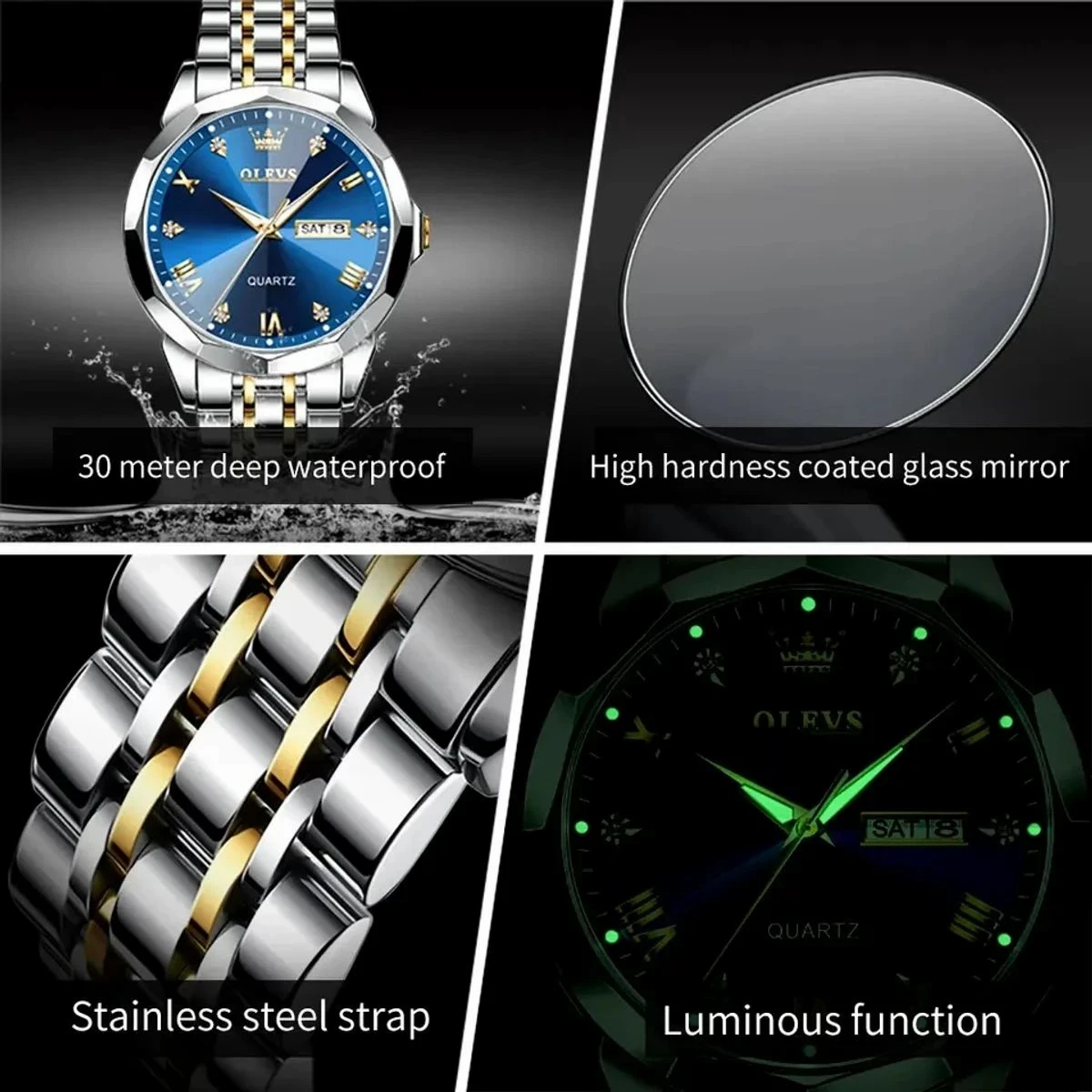 Olevs9931 New Fashion Quartz Watch for Men Stainless Steel Date Mens Watches Top Brand Luxury Clock-Silver & Blue