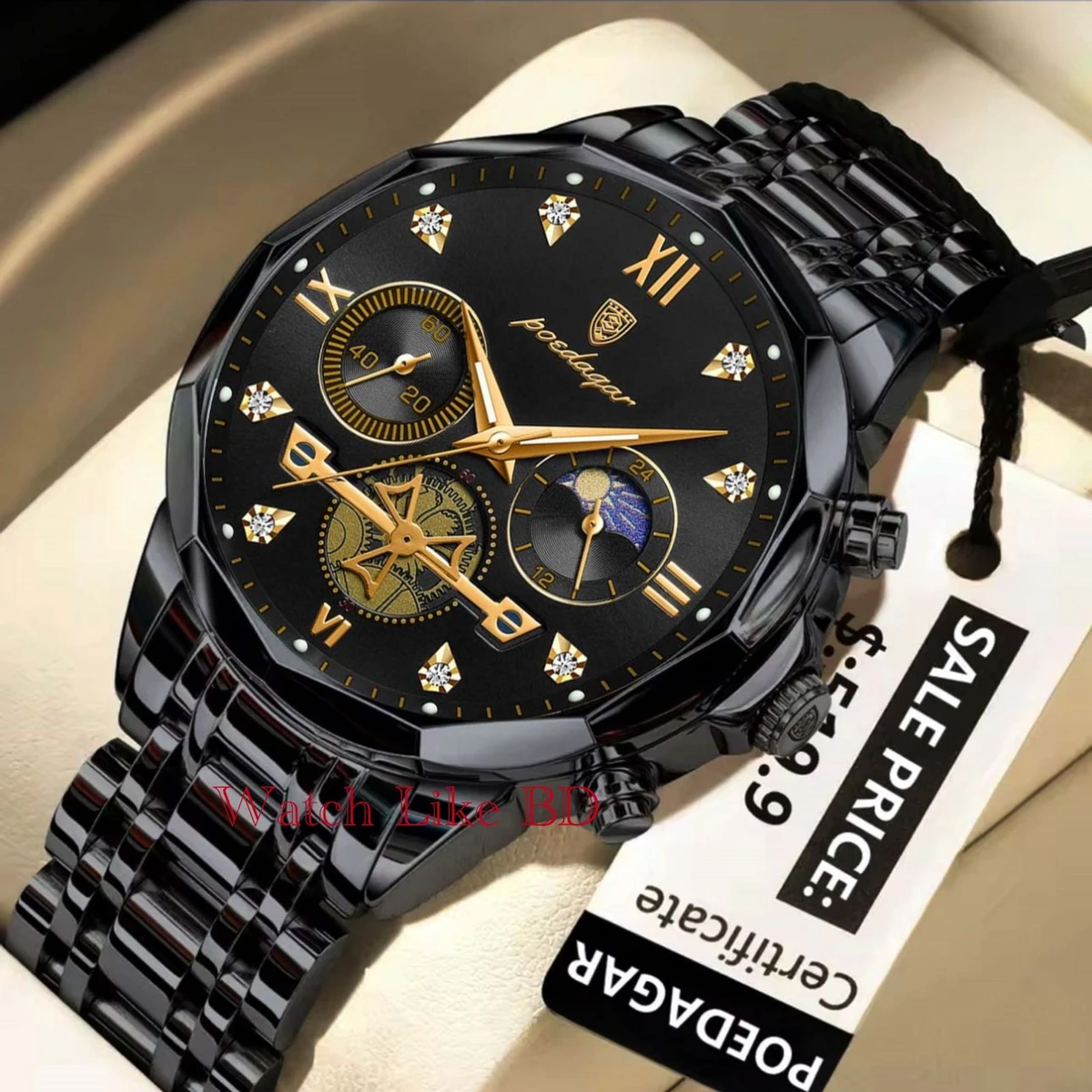 POEDAGAR cornograph For Men Stainless Steel Business Sport Wristwatches- Black
