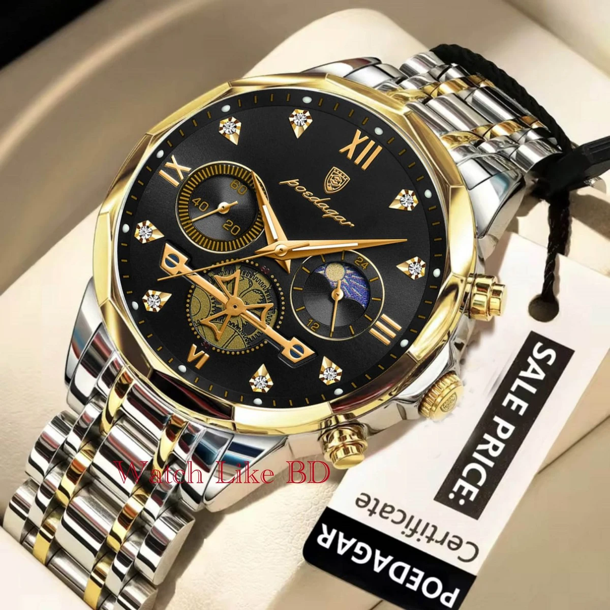 POEDAGAR cornograph For Men Stainless Steel Business Sport Wristwatches-Silver&Black