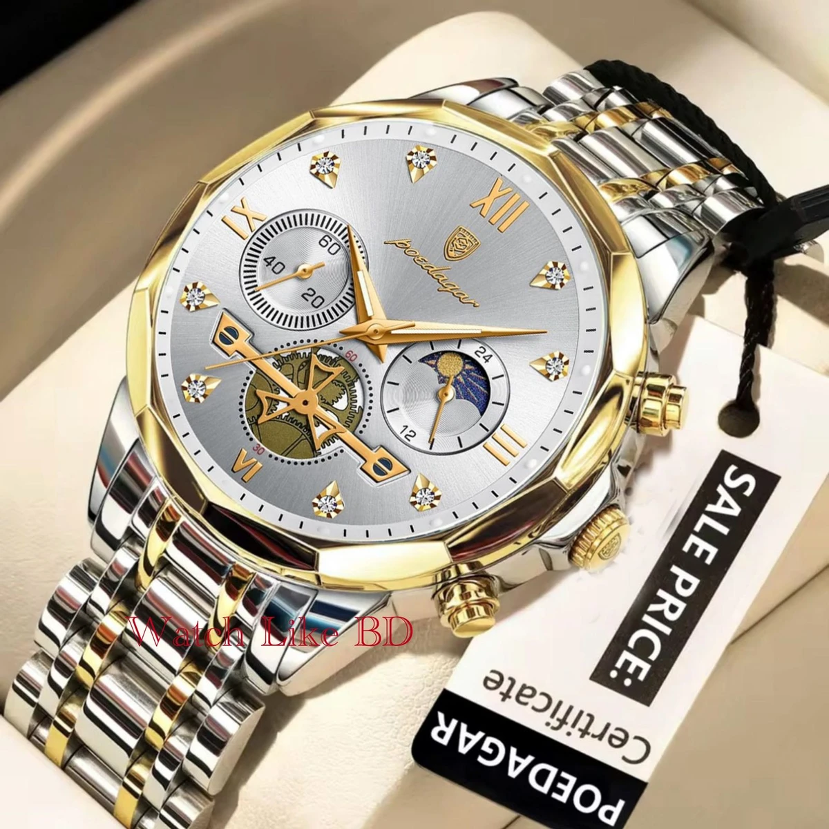 POEDAGAR cornograph For Men Stainless Steel Business Sport Wristwatches-golden&silver