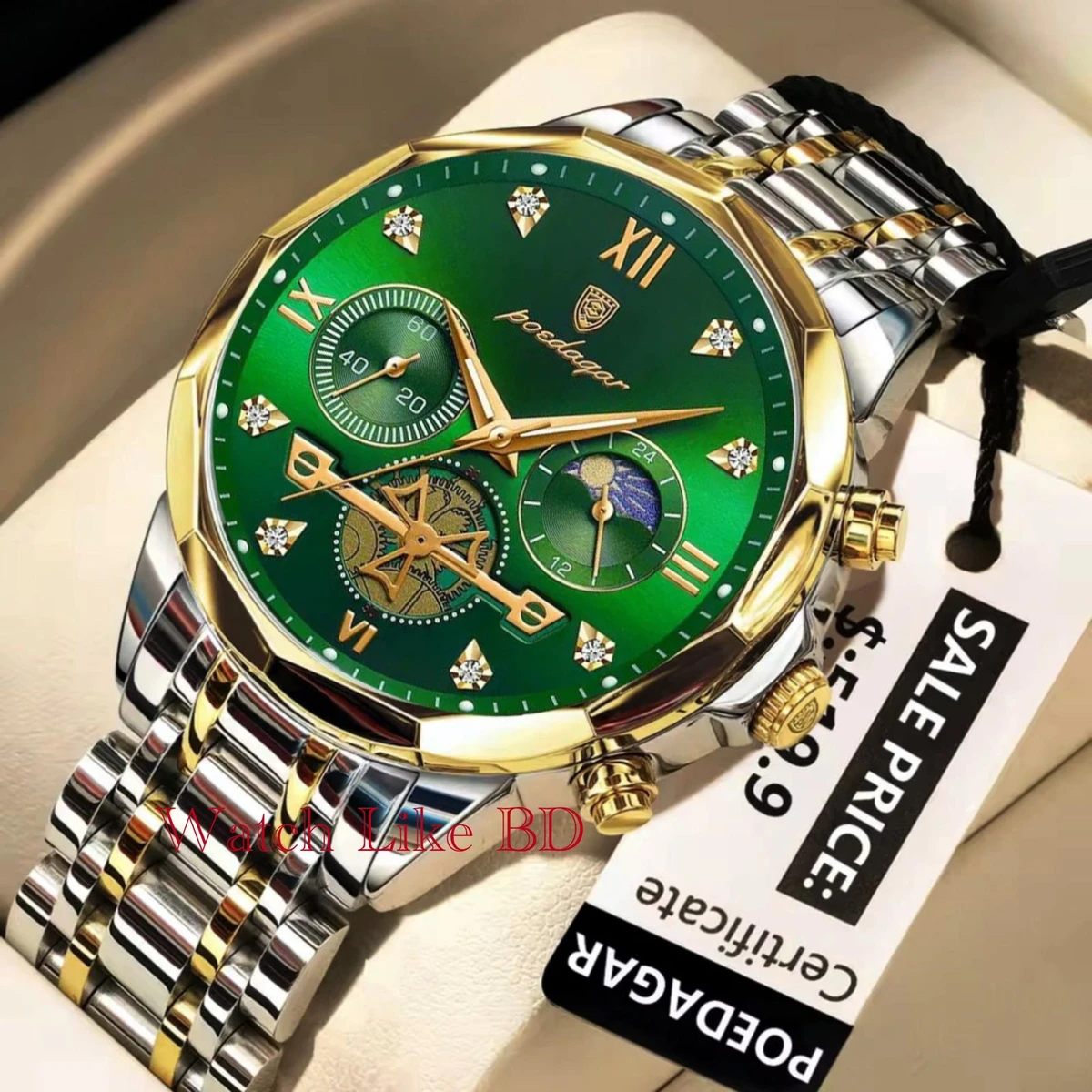 POEDAGAR cornograph For Men Stainless Steel Business Sport Wristwatches-Silver&green